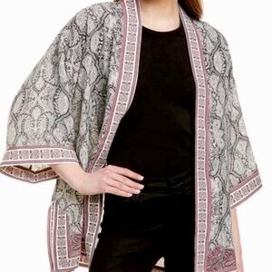 Max Studio Gray and Pink Open-Front Patterned Kimono Sweater
